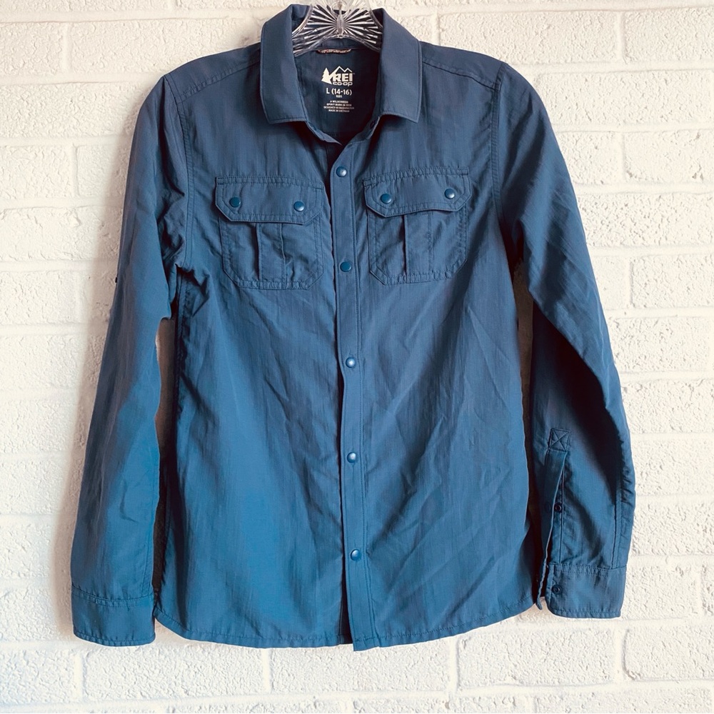 REI Co-op Kids' Sun Shirt Long Sleeve Blue Nylon Large ( 14-16) Gorpcore Button